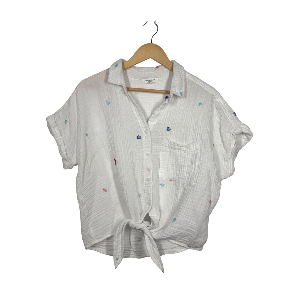 Beachlunchlounge White Cotton Gauze Nautical Embroidered Tie Front Top L LST6609